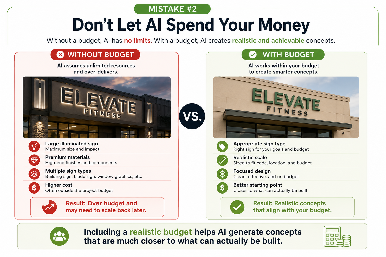 Infographic comparing AI-generated commercial sign concepts created without a budget versus with a realistic budget. It shows how omitting budget guidance can lead to oversized signs, premium materials, multiple sign types, and higher costs, while providing a budget helps AI generate more practical, focused, and buildable concepts.