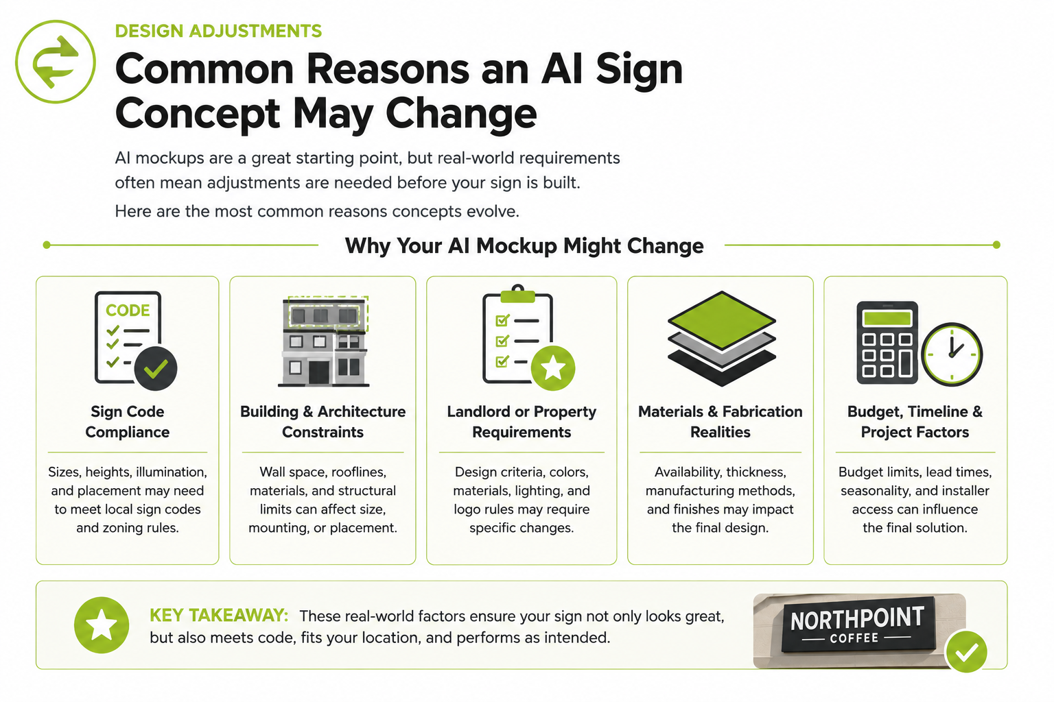 Infographic explaining the most common reasons an AI-generated commercial sign concept may change before fabrication. It highlights sign code compliance, building and architectural constraints, landlord requirements, material and fabrication considerations, and budget or project factors that influence the final sign design.