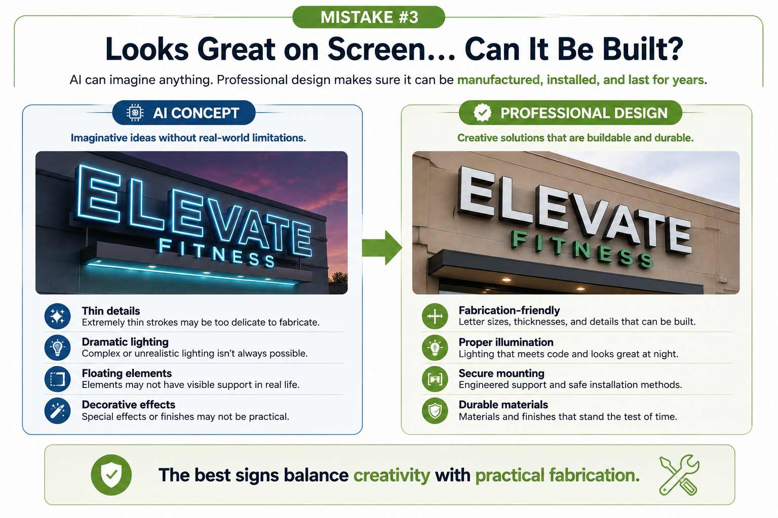 Infographic comparing an AI-generated commercial sign concept with a professionally refined sign design. It highlights common AI design issues such as thin details, unrealistic lighting, floating elements, and decorative effects alongside practical fabrication improvements including buildable details, proper illumination, secure mounting, and durable materials, showing how professional design preserves creativity while making a sign suitable for real-world fabrication.