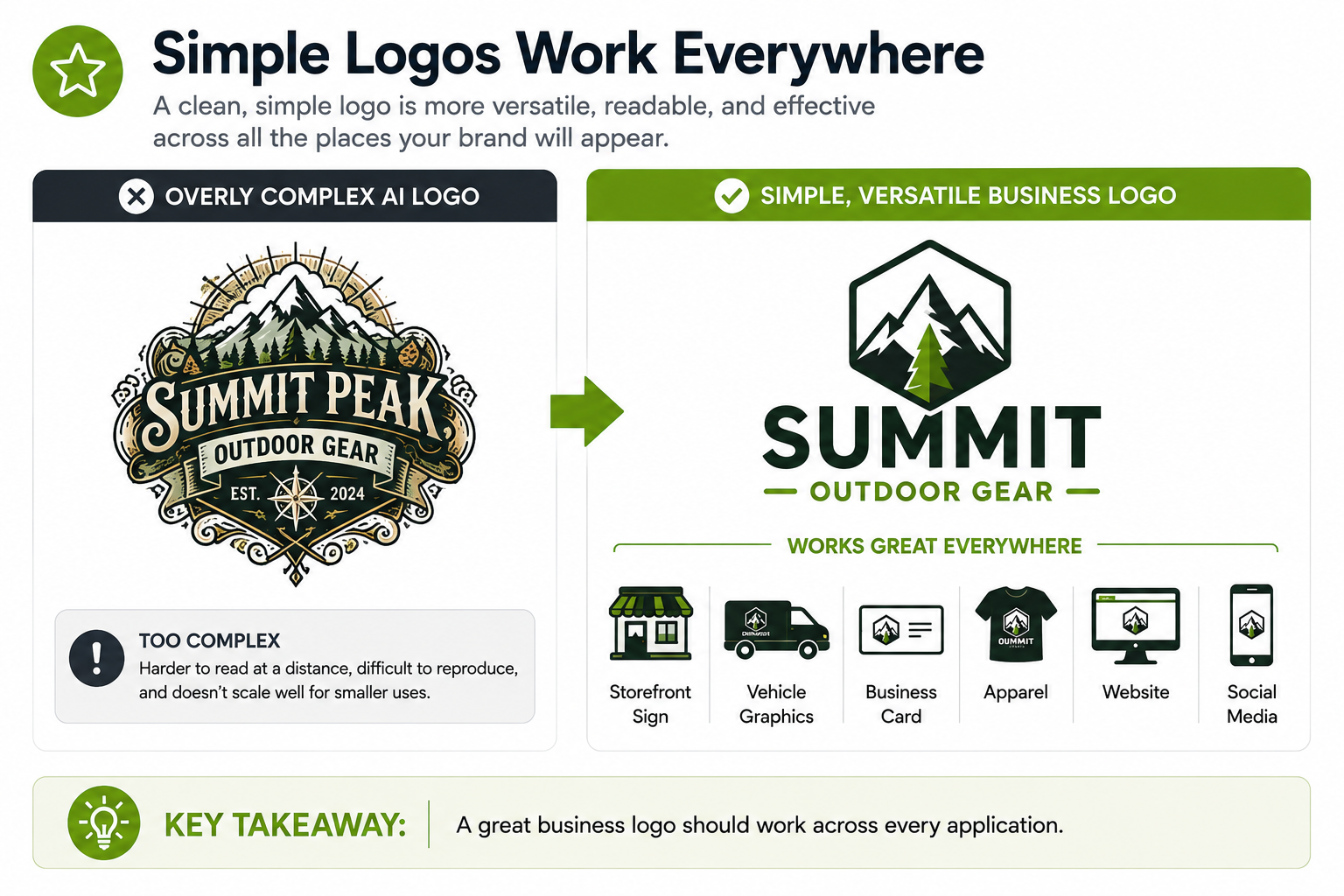 Infographic comparing an overly complex AI-generated business logo with a clean, versatile logo. It illustrates how a simplified logo is easier to reproduce consistently across storefront signs, vehicle graphics, business cards, apparel, websites, and social media while maintaining a strong brand identity.