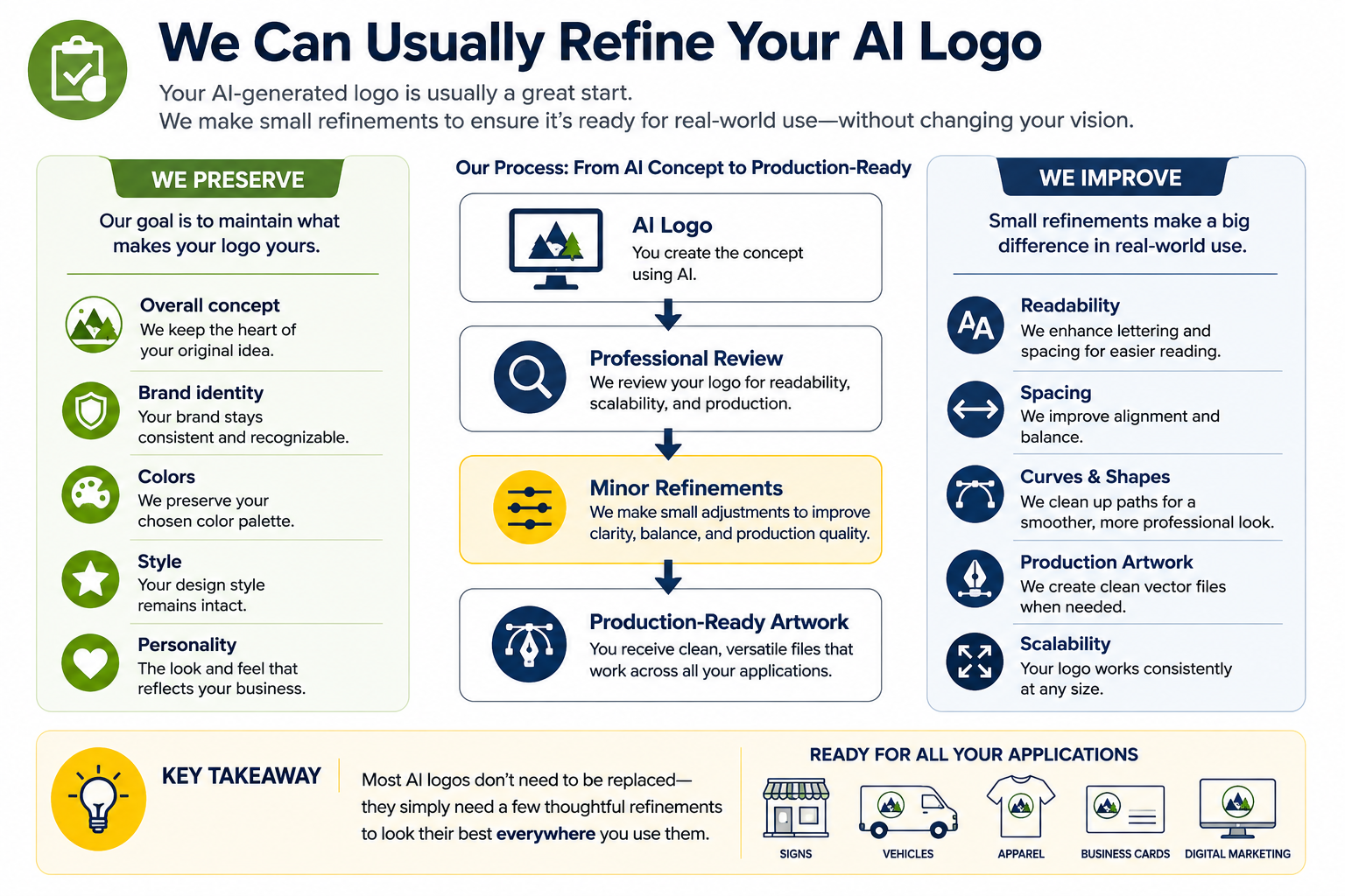 Infographic explaining how AI-generated logos can often be prepared for professional sign production without changing the original concept. It illustrates how Pacific West Signs preserves the logo's identity, colors, style, and personality while improving readability, spacing, artwork quality, and scalability for consistent use across signs, vehicles, apparel, business cards, and digital marketing.