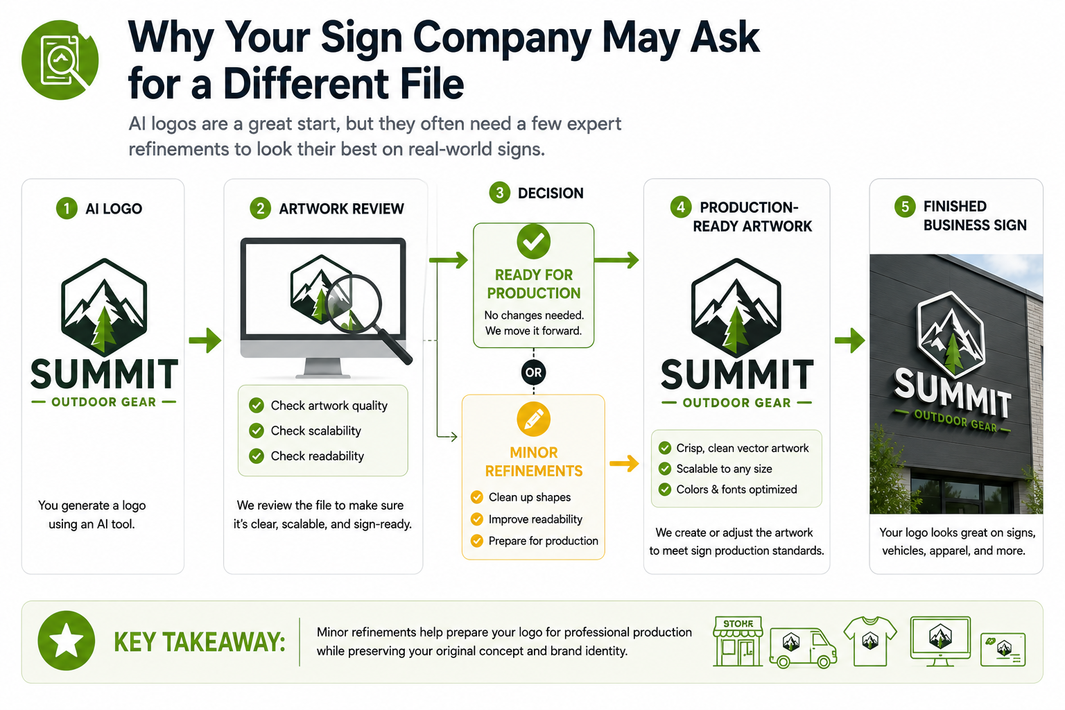 Workflow infographic showing how an AI-generated logo moves through artwork review before professional sign production. It illustrates the process from AI logo, to artwork review, to either direct approval or minor refinements, then to production-ready artwork and a finished business sign while preserving the original logo concept.