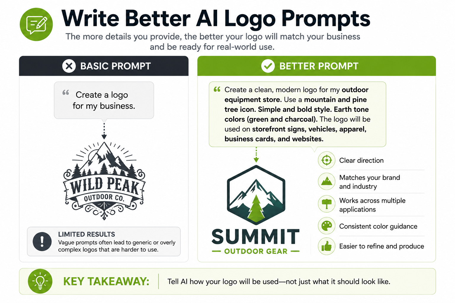 Infographic comparing a basic AI logo prompt with a detailed prompt. It demonstrates how providing business type, intended applications, style, colors, and readability requirements helps AI generate a cleaner, more versatile business logo suitable for storefront signs, vehicles, apparel, business cards, websites, and other branding.